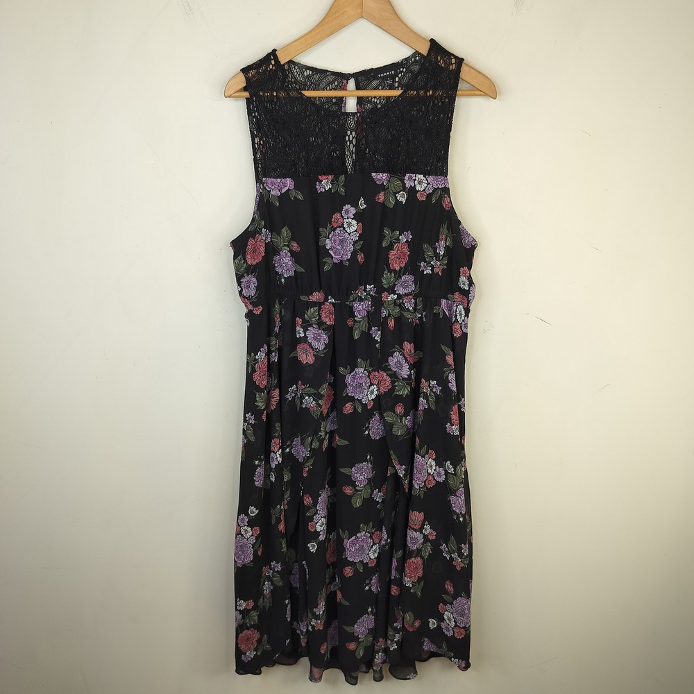 Torrid Floral Chiffon Midi Dress 1X Womens Lace Yoke Whimsigoth Flowy